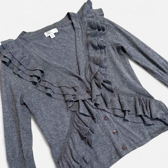 JW Petite Charcoal Grey Cotton Blend Ruffled Button Up Preppy Cardigan Top M - Picture 6 of 7